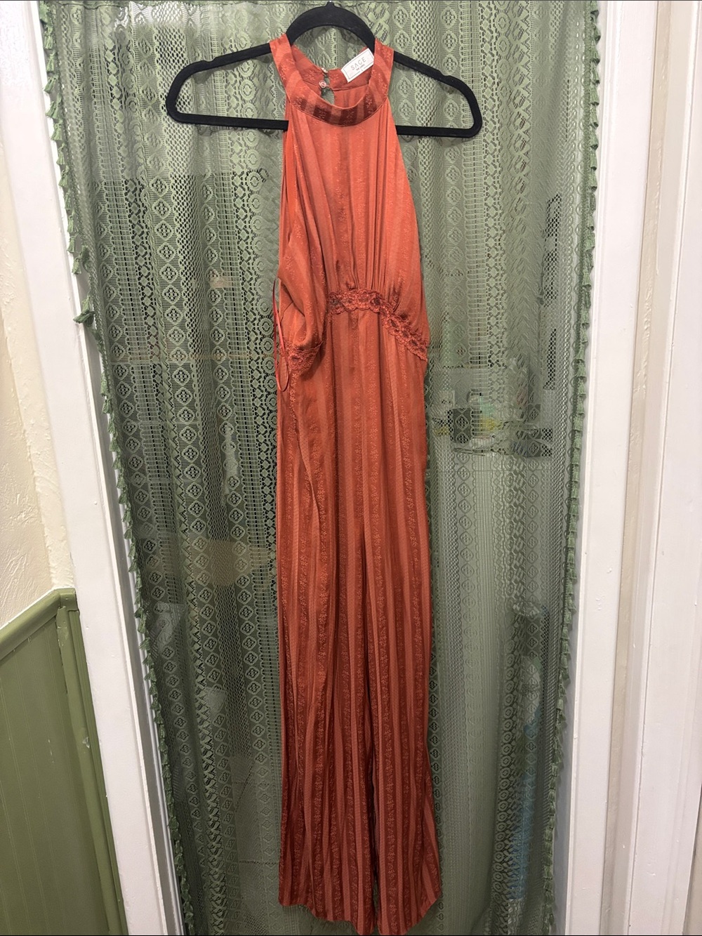 SAGE brand Sleeveless Halter jumpsuit in Burnt Orange